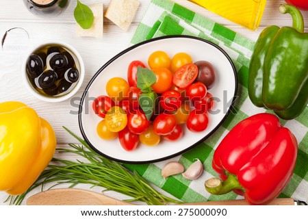 Italian food cooking ingredients. Vegetables, cheese, spices. Top view
