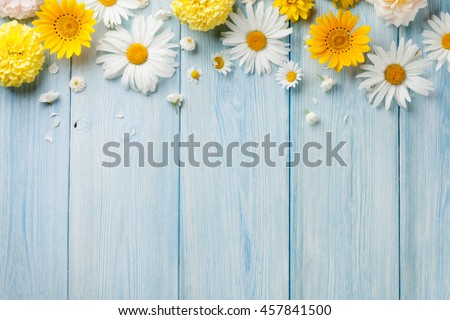 Photo of Garden flowers over blue wooden table background. Backdrop with copy space