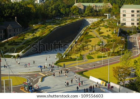 SEOUL, KOREA - SEPTEMBER 22: The Ewha Campus Complex at world\'s largest all female education institute, Ewha Womans University is seen from above on September 22, 2009 in Seoul, Korea. Horizntl