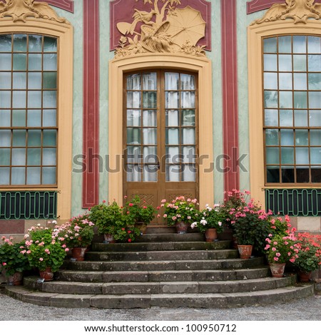 Flowers pots on steps of Chinese Pavilion of Drottningholm Palace, Drottningholm, Stockholm, Sweden