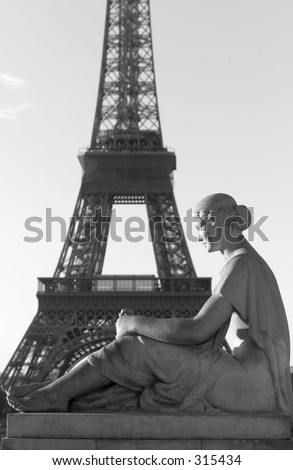 Close-up of a statue in front of the Eiffel tower, Paris, France ( black and white ), July 2001 (Keith Levit)