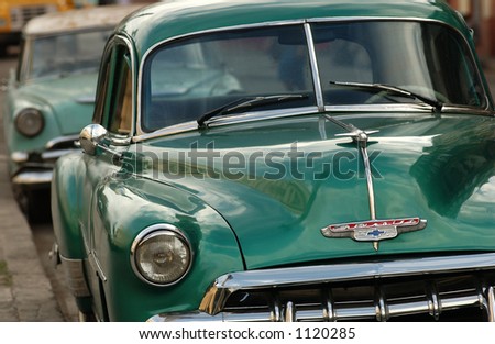 Close-up of two antique cars, Havana, Cuba