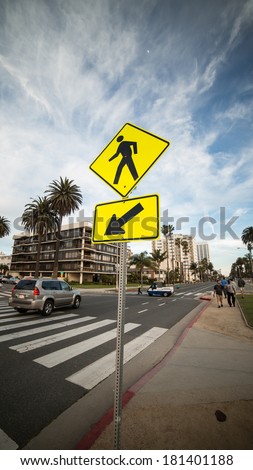 SANTA MONICA - MARCH 9: pedestrian sign on March 9, 2014 in Santa Monica. Santa Monica is a beachfront city in western Los Angeles County; named after the Christian saint, Monica.