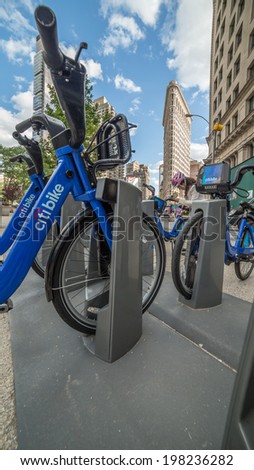 NEW YORK - JUNE 6: Citi Bike on June 6, 2014 in New York. Citi Bike is a privately owned public bicycle sharing system that serves parts of NYC, and is the largest bike sharing program in the US.