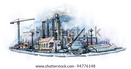 Architectural panoramic view. Watercolor illustration.