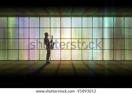silhouette of saxophone player. Silhouette of man that is playing the saxophone over against  a big lit window in a dark room. Digitally created image.