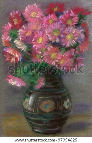 Still life. Pastel drawing. Flowers in a vase.