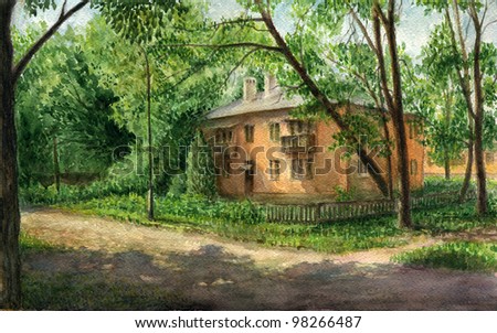 Rented house in the park. Watercolor painting.