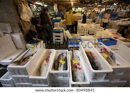 TOKYO- JULY 4: Seafood for sale at the Tsukiji Wholesale Seafood and Fish Market in Tokyo Japan on July 4, 2011. Tsukiji Market is the biggest wholesale fish and seafood market in the world.
