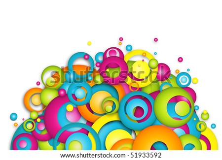Colorful abstract background with overlapping discs in an updated retro style. With white copy space.