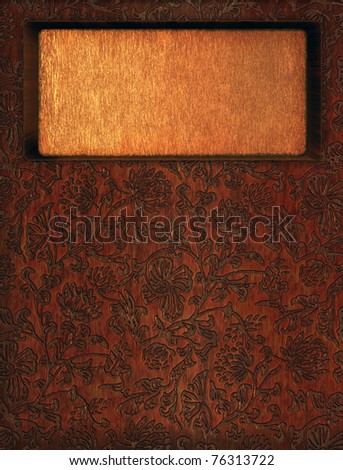 Simulation of wooden surface, with a dark, stained wood appearance and a rounded rectangle compartment at top. The top level of the surface has a decorative floral pattern