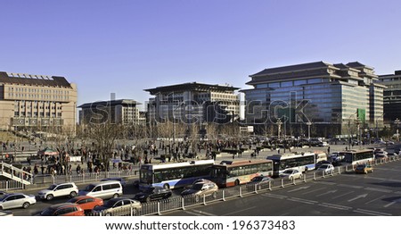 BEIJING, CHINA - JANUARY 12, 2014: Xidan commercial area. There are many entertainment places along the area, such as Xidan Cultural Square, the largest venue for cultural events in downtown Beijing.