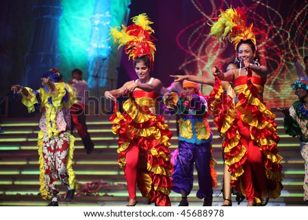 BEIJING - JANUARY 31: Dancers wear colorful outfit perform on stage during Indian Music and Dance Show at Beijing Exhibition Theater on January 31, 2010 in Beijing, China.