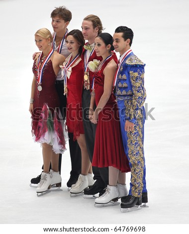 BEIJING-NOV 6: Competitors pose with their medals after Ice Dancing\'s medal ceremony of the SAMSUNG Cup of China ISU Grand Prix of Figure Skating 2010 on Nov 6, 2010 in Beijing, China.