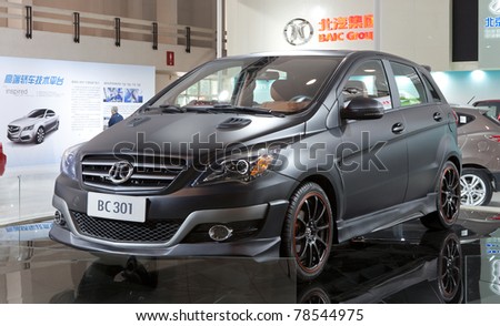 BEIJING-MAY 20: BAIC BC301  car is on display at the 14th China Beijing International High-tech Expo (CHITEC) on May 20, 2011 in Beijing, China. CHITEC is a major National hi-tech Expo.