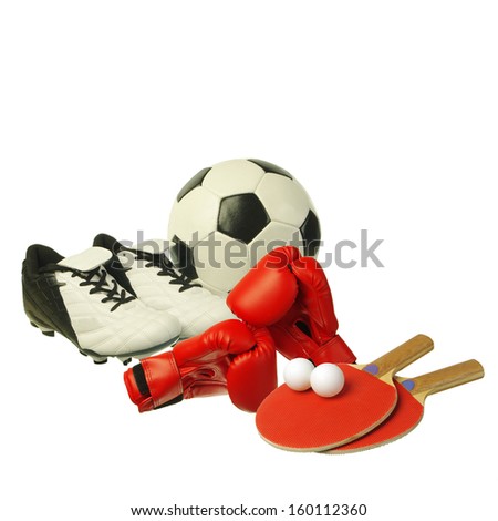 Sport equipment. Football boots, ball, boxing gloves,rackets