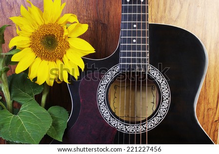 Country and western guitar and sunflower on wooden  background