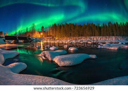 Similar – Image, Stock Photo Aurora borealis over lake with mountain