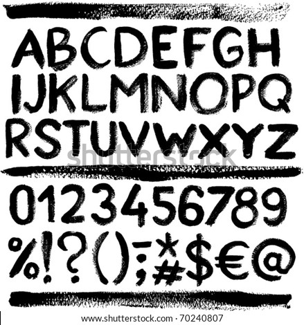 Vector grunge alphabet with letters, numbers and symbols.