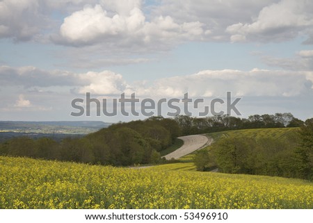 Panoramic view from the South Downs Way near Buriton, Hampshire of a rapeseed crop and fields