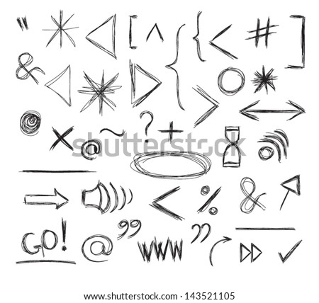 Miscellaneous Doodle Symbols, Signs, Icons and Keystrokes, including quotation, exclamation and question marks, arrows, brackets, web and interface symbols