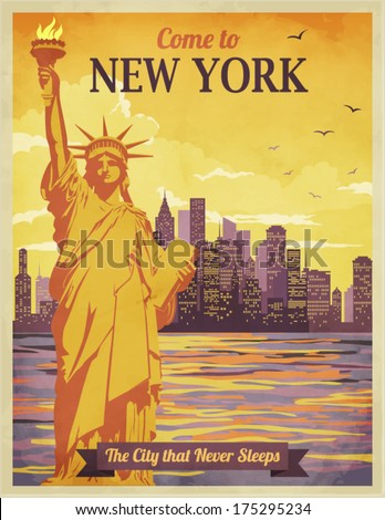 Travel to New York Poster - Vintage-style advertisement with city and Statue of Liberty against the sunny sky; hand drawn vector illustration