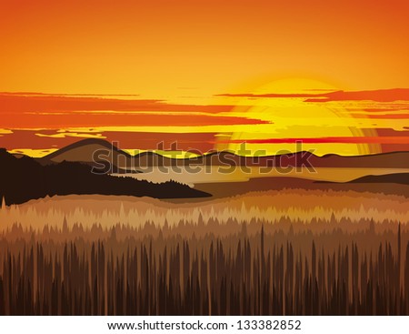 Landscape with rocky mountains at sunset