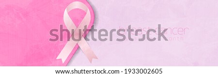 Breast cancer awareness month. Grunge pink background and ribbon tape. Women healthcare abstract vector banner