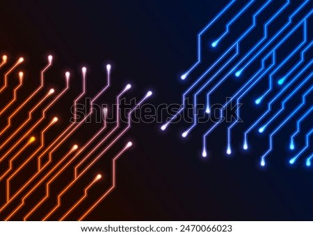 Abstract blue orange neon technology background with circuit board lines. Futuristic computer chip vector design