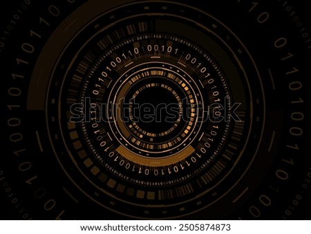 Tech abstract background with UI circular elements and binary code. Futuristic orange vector design