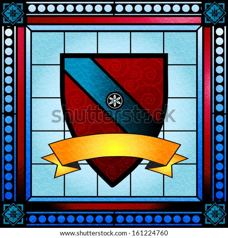 Coat of arms or crest stained glass window with blank scroll banner