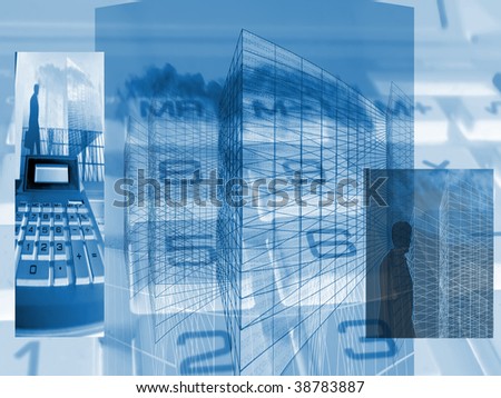 A blue montage showing the concept of finance and calculations.