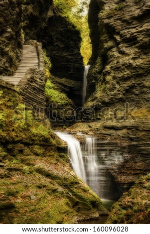 Watkins Glen waterfalls in New York during fall. A beautiful 1.75 mile long gorge with dozens of waterfalls.
