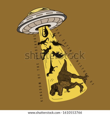Space ufo illustration with dinosaur , tee shirt graphics, vectors, typography, hand drawn artwork