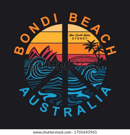 Bondi Beach surf typography, tee shirt graphics, vectors