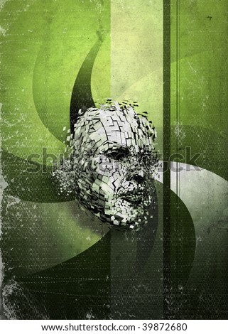 3D rendering of an exploded head with lots of facets on a textured background