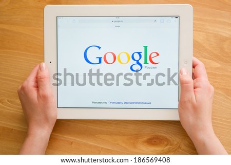 Samara, Russia - April 08, 2014: A Google search home page on a ipad screen, new app for mobile devices