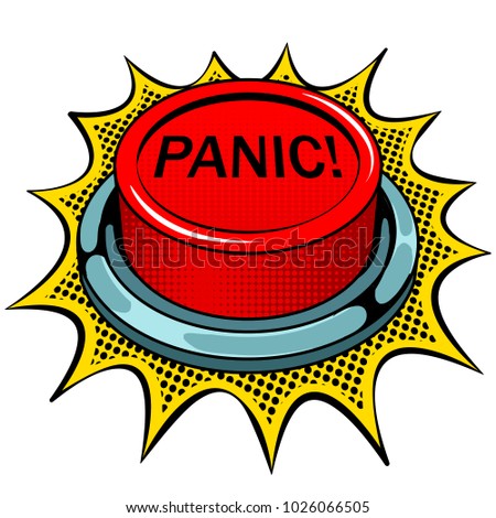 Panic red button pop art retro vector illustration. Isolated image on white background. Comic book style imitation.