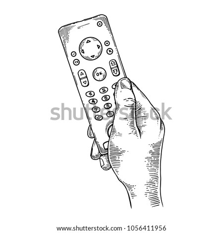 TV remote control in hand engraving vector illustration. Scratch board style imitation. Black and white hand drawn image.
