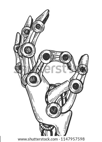 Mechanical human robot hand engraving vector illustration. Scratch board style imitation. Black and white hand drawn image.