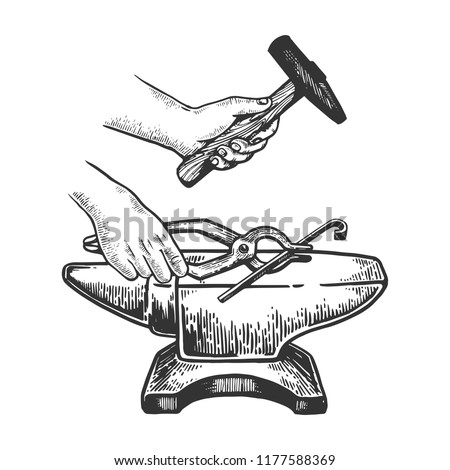 Blacksmith works on anvil with hammer engraving vector illustration. Scratch board style imitation. Black and white hand drawn image.