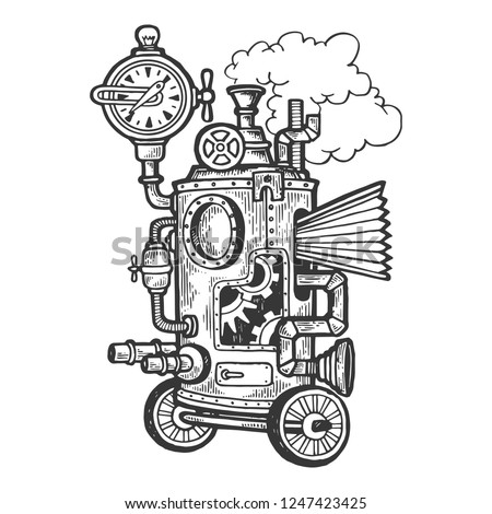Fantastic steam punk machine engraving vector illustration. Scratch board style imitation. Black and white hand drawn image.