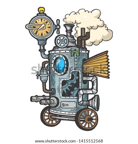 Fantastic steam punk machine color sketch engraving vector illustration. Scratch board style imitation. Black and white hand drawn image.