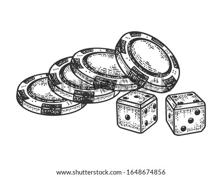 Casino dice and chips sketch engraving vector illustration. T-shirt apparel print design. Scratch board imitation. Black and white hand drawn image.