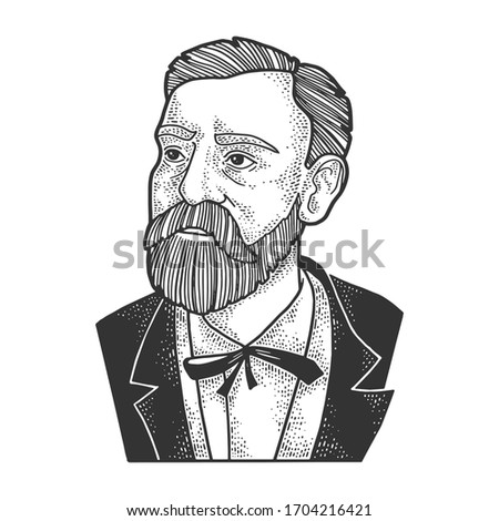 Alfred Nobel portrait sketch engraving vector illustration. T-shirt apparel print design. Scratch board imitation. Black and white hand drawn image.
