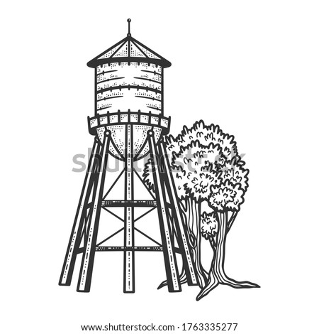 Water tower sketch engraving vector illustration. T-shirt apparel print design. Scratch board imitation. Black and white hand drawn image.