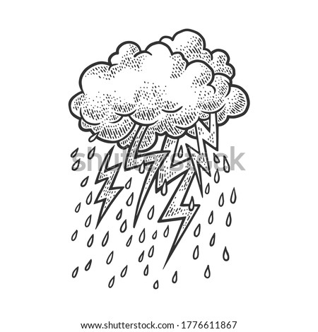 lightning from clouds sketch engraving vector illustration. T-shirt apparel print design. Scratch board imitation. Black and white hand drawn image.