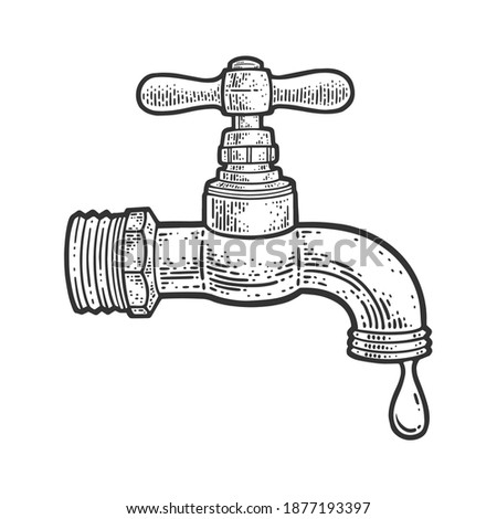 dripping tap faucet sketch engraving vector illustration. T-shirt apparel print design. Scratch board imitation. Black and white hand drawn image.