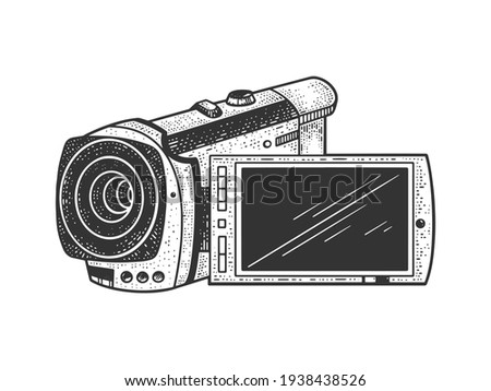 Small hand held camcorder sketch engraving vector illustration. T-shirt apparel print design. Scratch board imitation. Black and white hand drawn image.