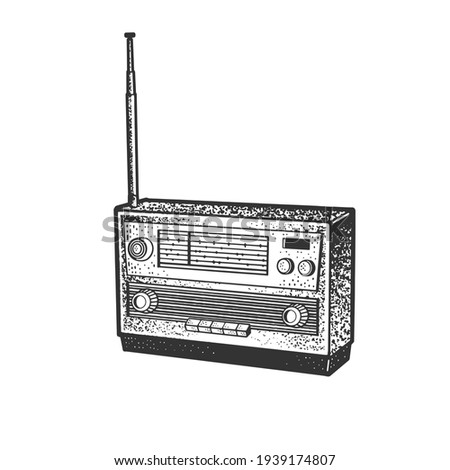 radio device sketch engraving vector illustration. T-shirt apparel print design. Scratch board imitation. Black and white hand drawn image.